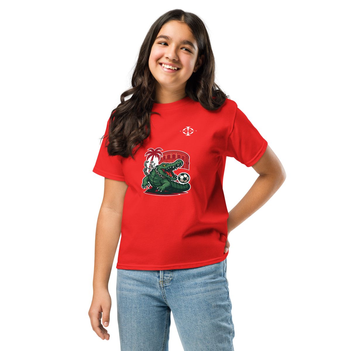 T-shirt enfant Euphron « Crocodile Nîmois », coloris rouge : le crocodile de Nîmes revisité par Euphron – vue de face