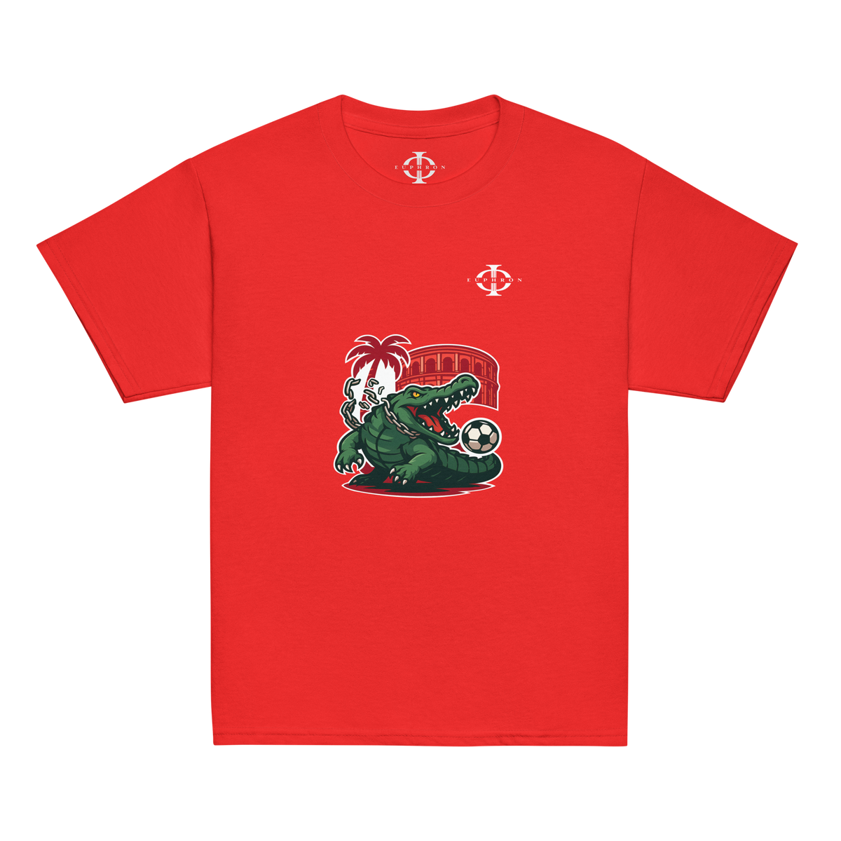 T-shirt enfant Euphron « Crocodile Nîmois », coloris rouge : le crocodile de Nîmes revisité par Euphron – vue de face