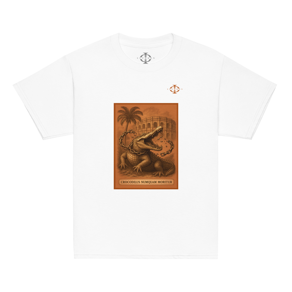 T-shirt enfant Euphron « Crocodilus Numquam Moritur », coloris blanc : le crocodile de Nîmes et la devise Crocodilus Numquam Moritur – vue de face
