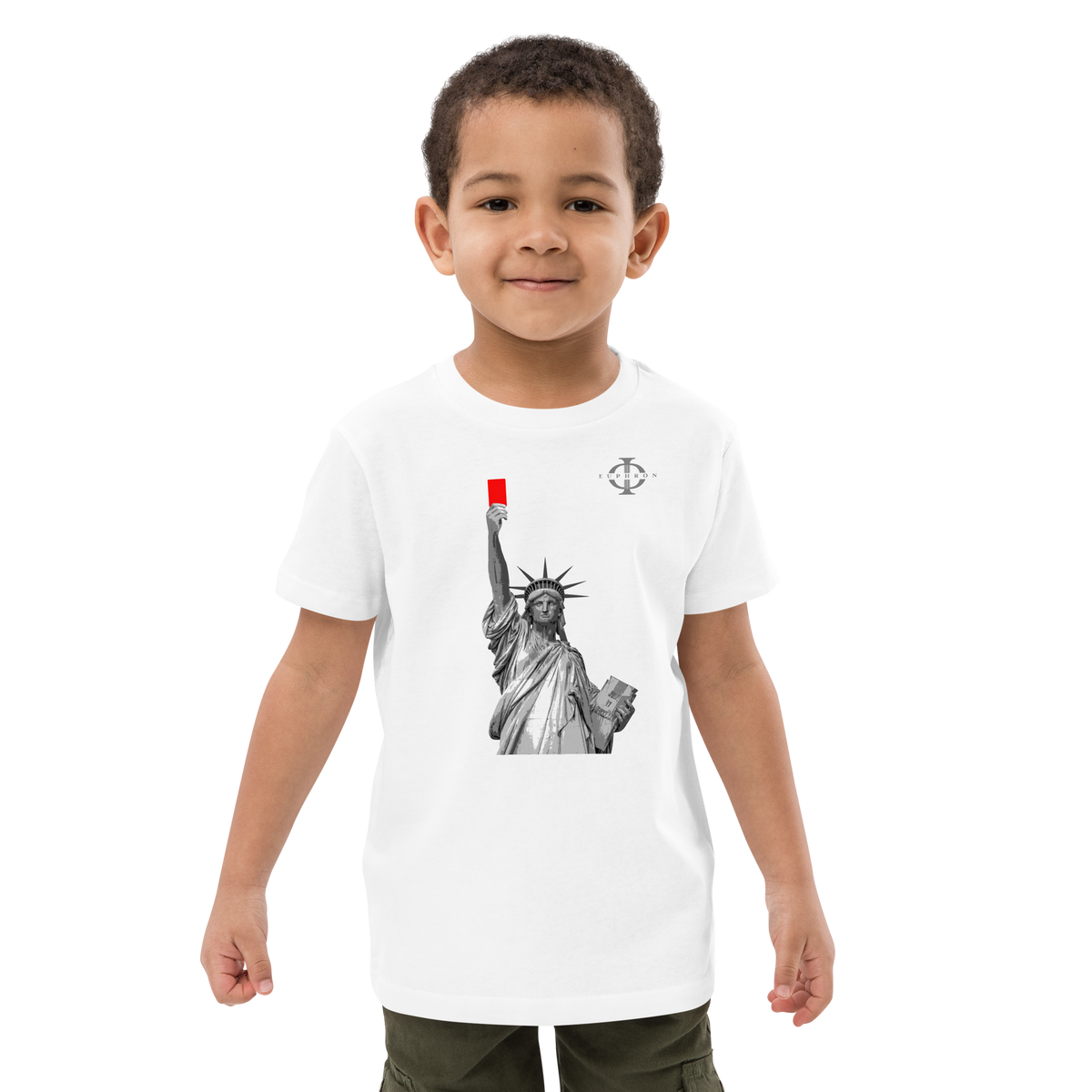 T-shirt enfant Euphron « Liberty's Red Card », coloris blanc : la statue de la Liberté brandit un carton rouge – vue de face