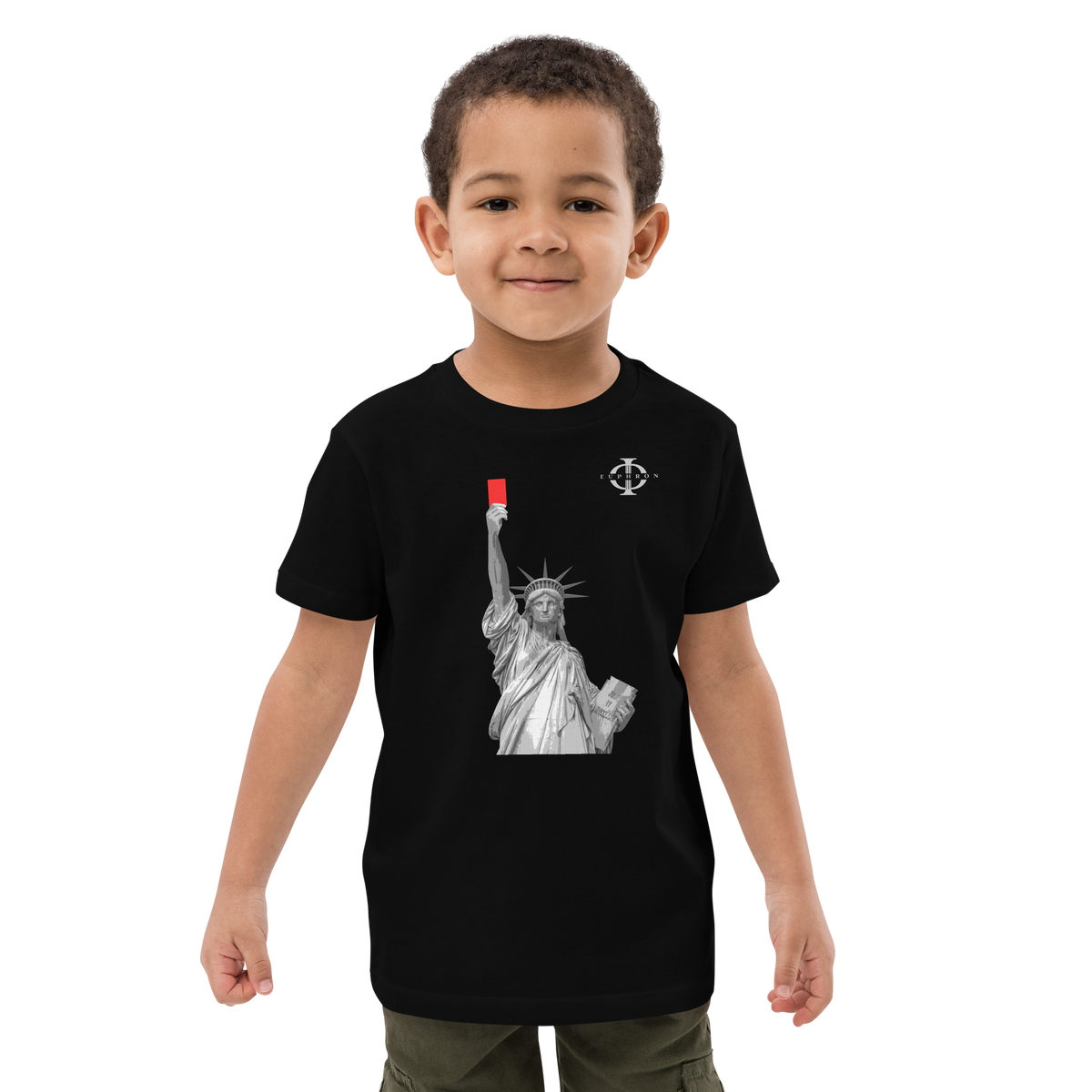 T-shirt enfant Euphron « Liberty's Red Card », coloris noir : la statue de la Liberté brandit un carton rouge – vue de face