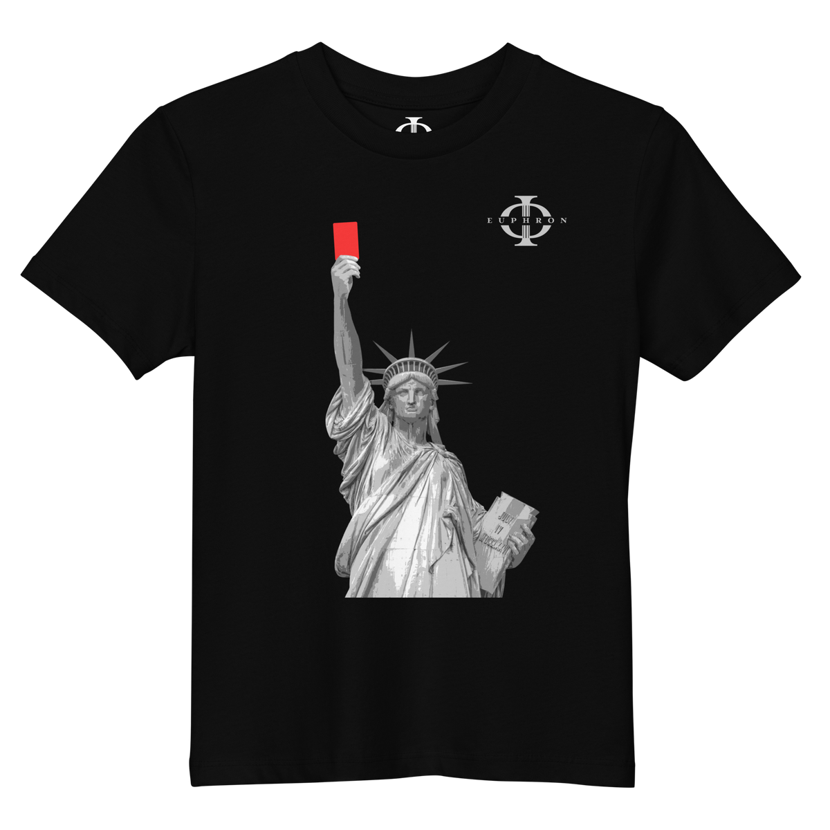 T-shirt enfant Euphron « Liberty's Red Card », coloris noir : la statue de la Liberté brandit un carton rouge – vue de face