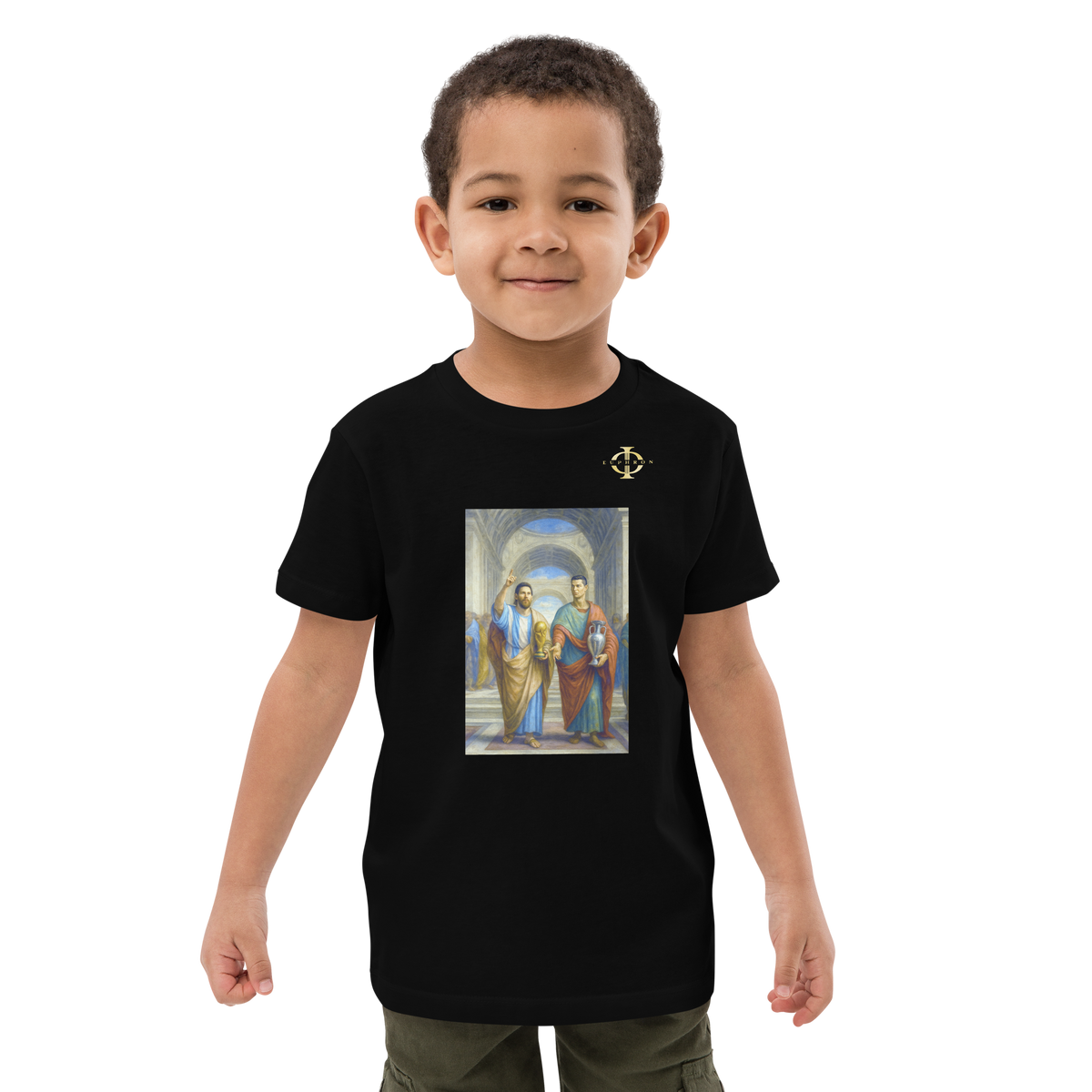 T-shirt enfant Euphron « Messi et Ronaldo à l'Ecole d'Athènes », coloris noir : Messi et Ronaldo dans L'École d'Athènes de Raphaël – vue de face