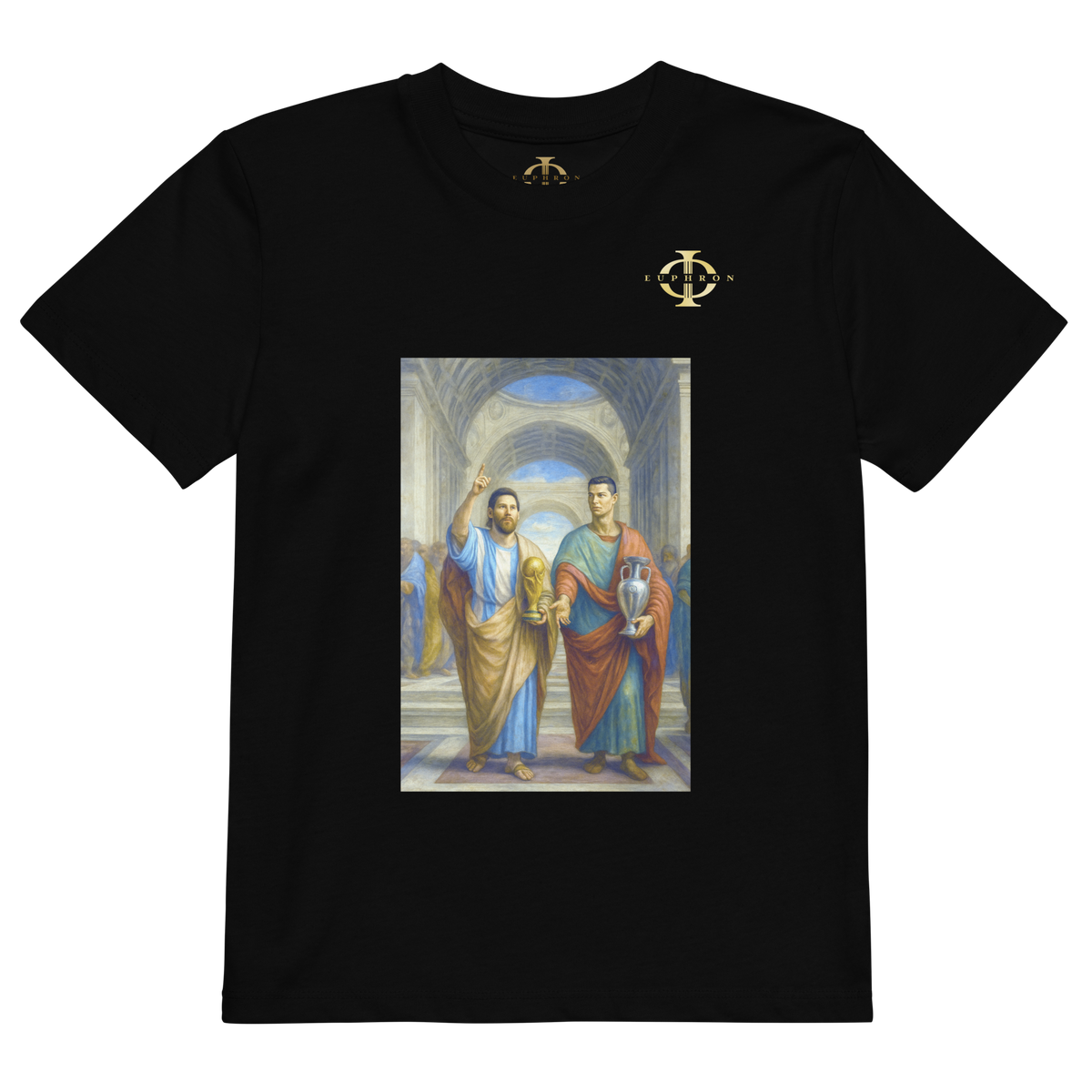 T-shirt enfant Euphron « Messi et Ronaldo à l'Ecole d'Athènes », coloris noir : Messi et Ronaldo dans L'École d'Athènes de Raphaël – vue de face