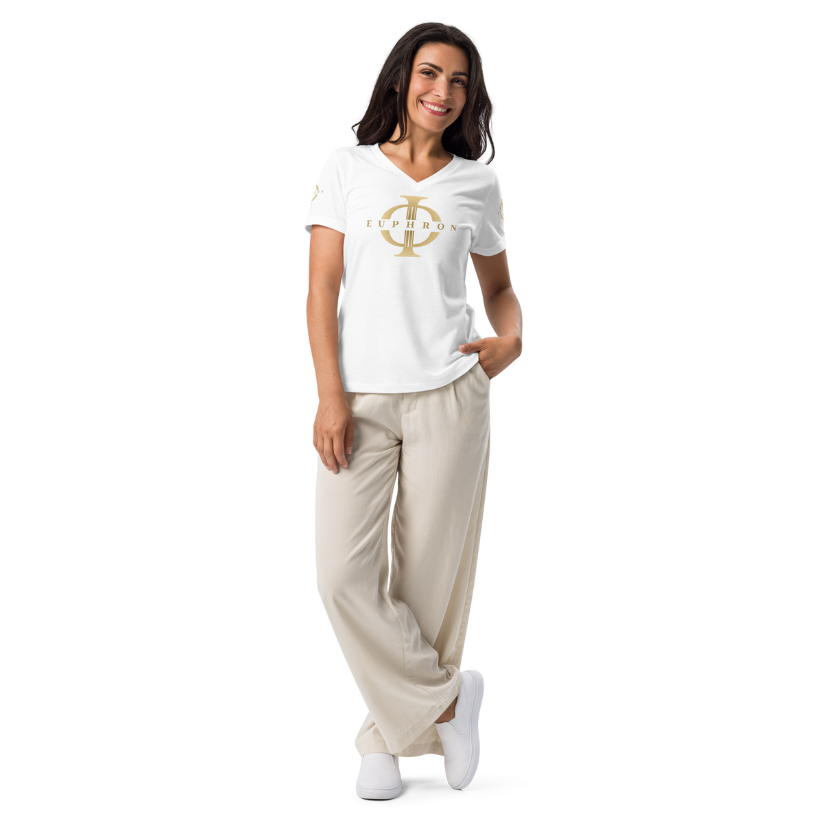 T-shirt femme Euphron « Col V », coloris or et blanc : col V, signé du logo Euphron – vue de face
