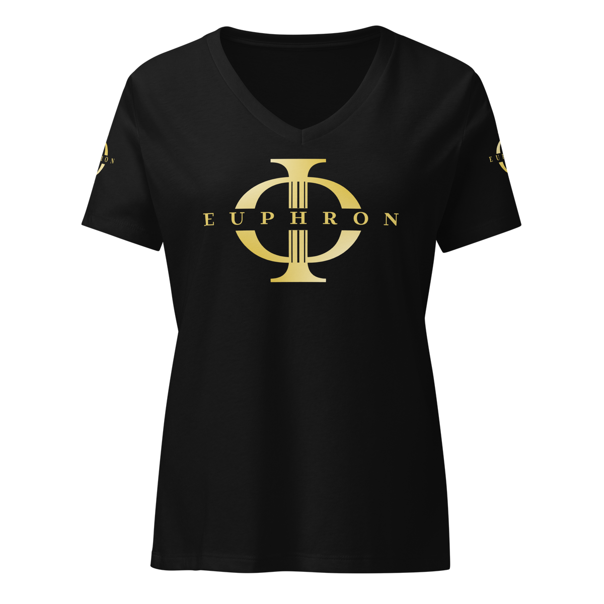 T-shirt femme Euphron « Col V », coloris or et noir : col V, signé du logo Euphron – vue de face