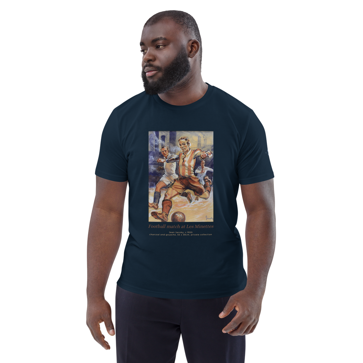 T-shirt Euphron « Football match at the Minettes », coloris bleu marine : un match de football peint par Jean Jacoby