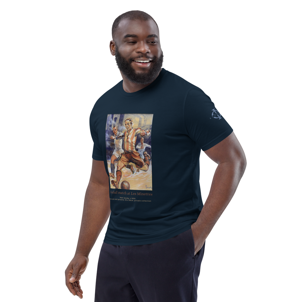 T-shirt Euphron « Football match at the Minettes », coloris bleu marine : un match de football peint par Jean Jacoby