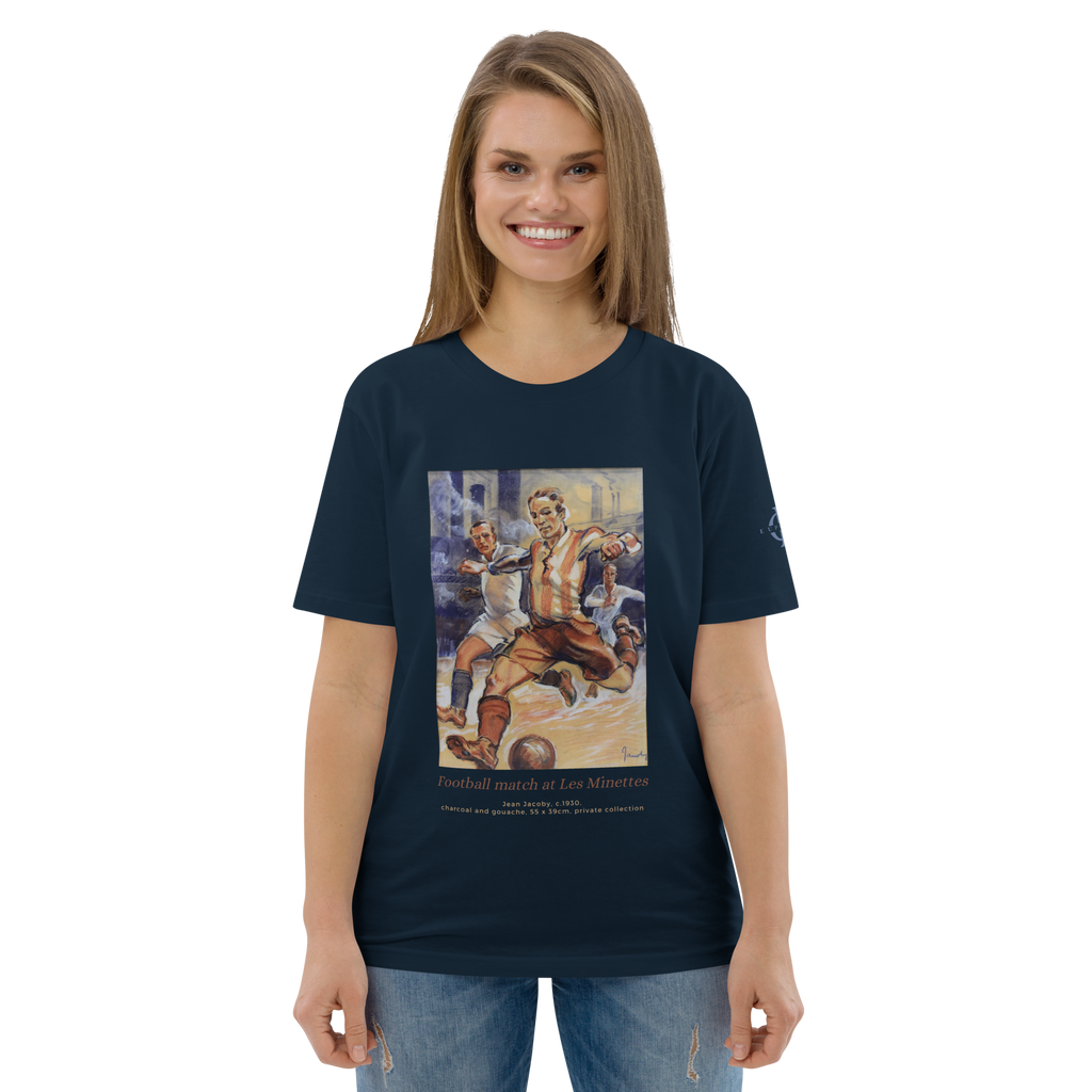 T-shirt Euphron « Football match at the Minettes », coloris bleu marine : un match de football peint par Jean Jacoby