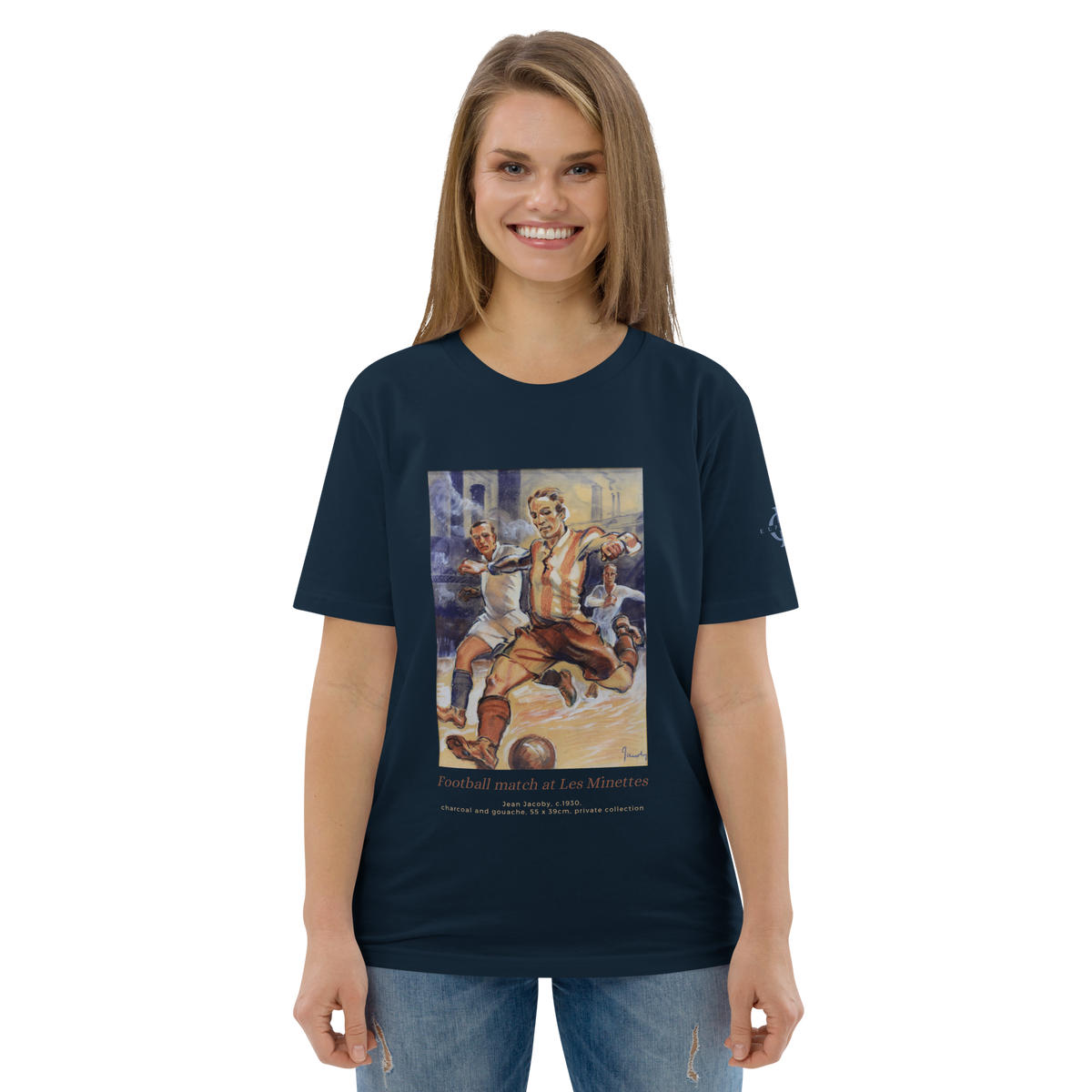 T-shirt Euphron « Football match at the Minettes », coloris bleu marine : un match de football peint par Jean Jacoby