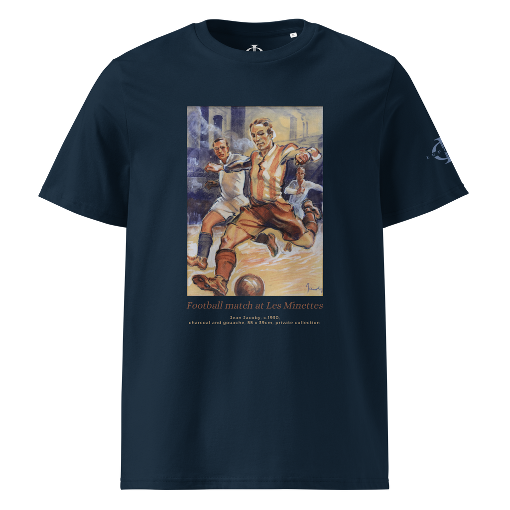 T-shirt Euphron « Football match at the Minettes », coloris bleu marine : un match de football peint par Jean Jacoby