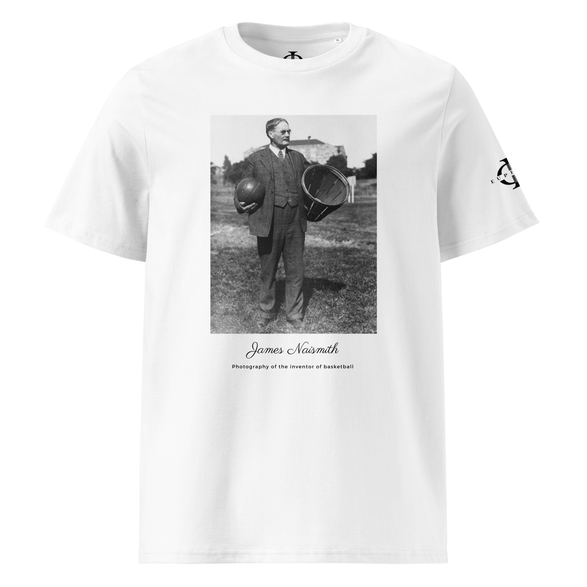 T-shirt Euphron « James Naismith, inventor of basketball », coloris blanc : photographie de James Naismith, inventeur du basketball