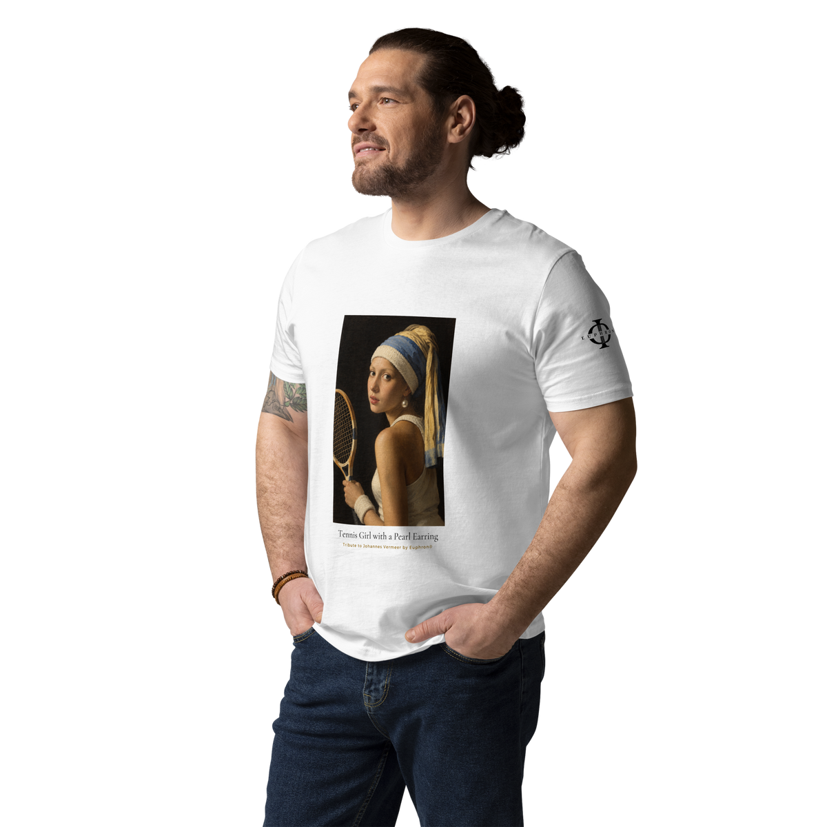 T-shirt Euphron « La Joueuse de Tennis à la perle », coloris blanc : La Jeune Fille à la perle de Vermeer en joueuse de tennis – vue de face