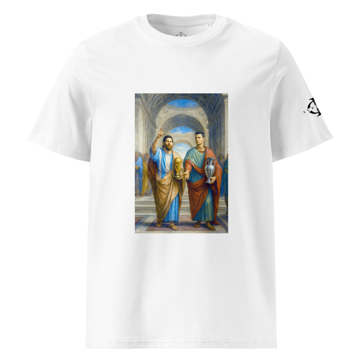 T-shirt Euphron « Messi et Ronaldo à l'Ecole d'Athènes », coloris blanc : Messi et Ronaldo dans L'École d'Athènes de Raphaël