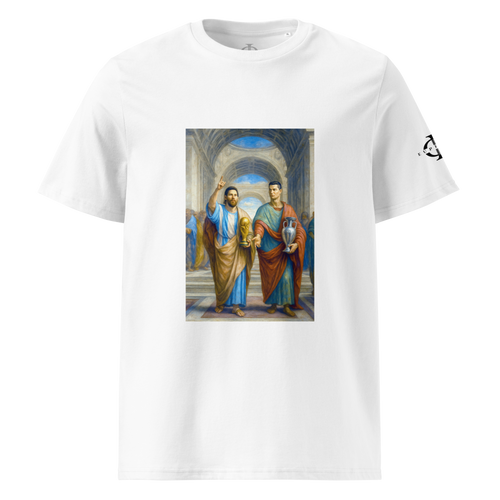 T-shirt Euphron « Messi et Ronaldo à l'Ecole d'Athènes », coloris blanc : Messi et Ronaldo dans L'École d'Athènes de Raphaël