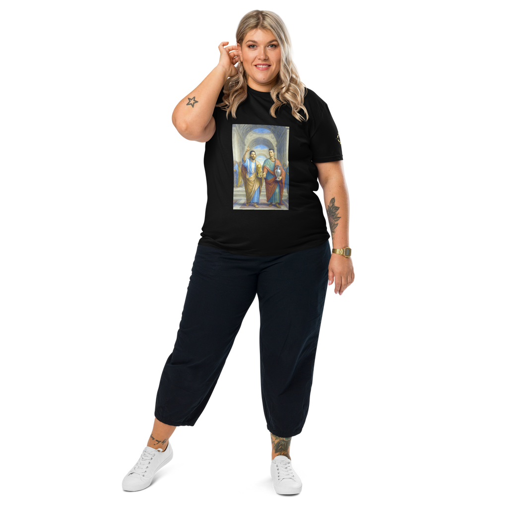 T-shirt Euphron « Messi et Ronaldo à l'Ecole d'Athènes », coloris noir : Messi et Ronaldo dans L'École d'Athènes de Raphaël – vue de face