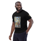 T-shirt Euphron « Messi et Ronaldo à l'Ecole d'Athènes », coloris noir : Messi et Ronaldo dans L'École d'Athènes de Raphaël – vue de trois quarts