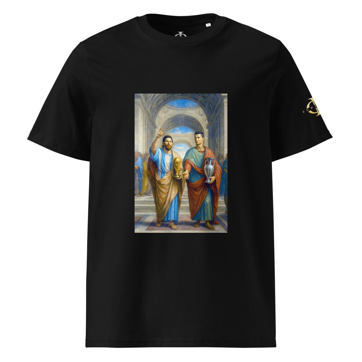 T-shirt Euphron « Messi et Ronaldo à l'Ecole d'Athènes », coloris noir : Messi et Ronaldo dans L'École d'Athènes de Raphaël