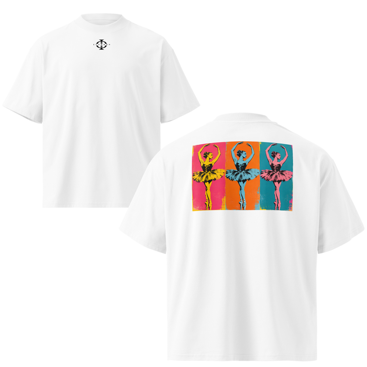 T-shirt oversize Euphron « Les Ballerines - Pop-Art », coloris blanc : une ballerine répétée trois fois façon pop art – vues de face et de dos