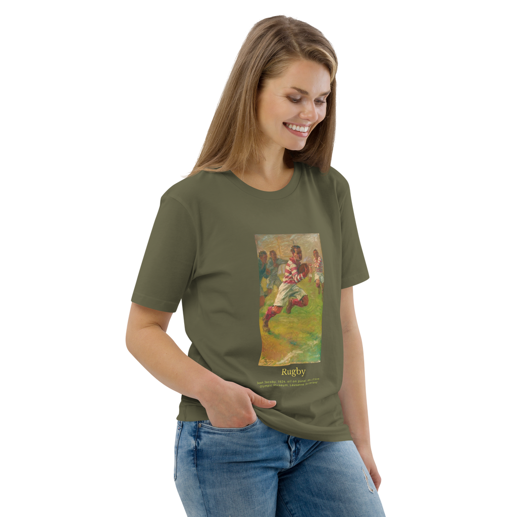 T-shirt Euphron « Rugby, Jean Jacoby », coloris kaki : un joueur de rugby peint par Jean Jacoby – vue de trois quarts