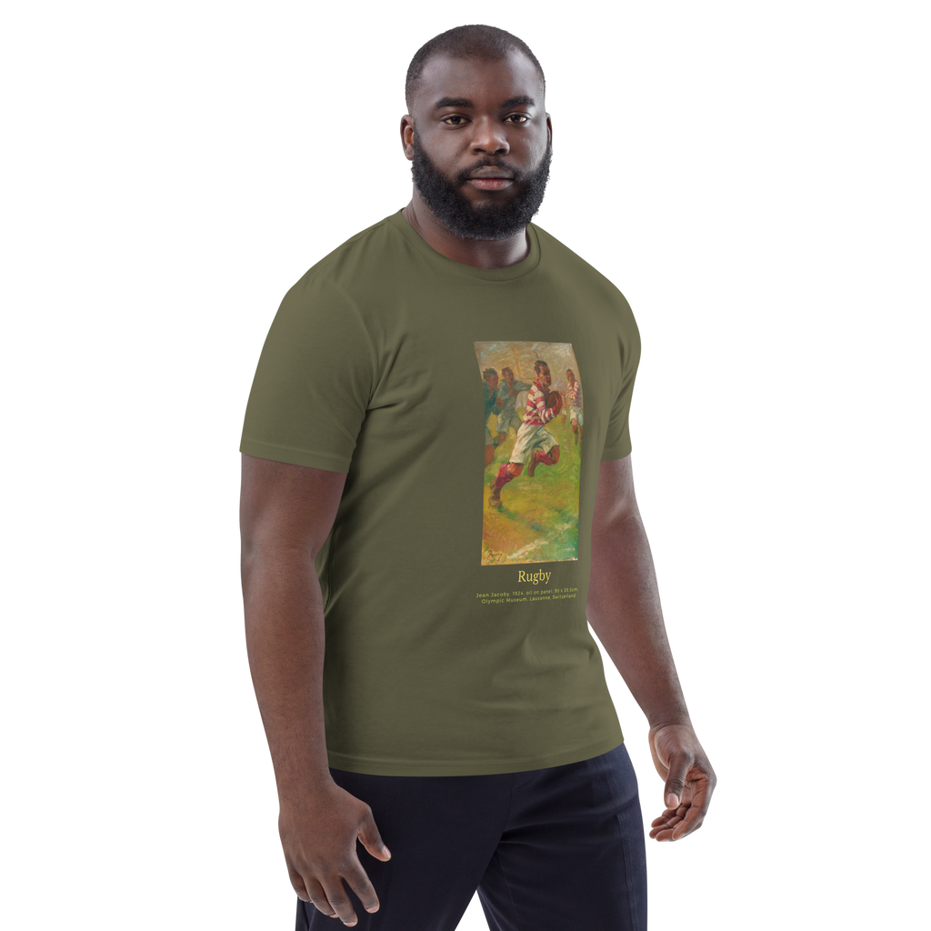 T-shirt Euphron « Rugby, Jean Jacoby », coloris kaki : un joueur de rugby peint par Jean Jacoby – vue de trois quarts