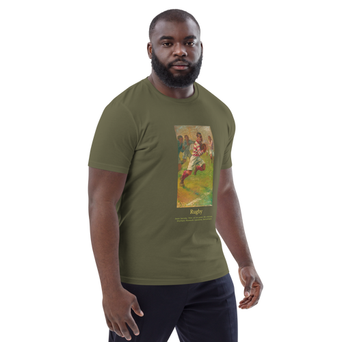 T-shirt Euphron « Rugby, Jean Jacoby », coloris kaki : un joueur de rugby peint par Jean Jacoby – vue de trois quarts