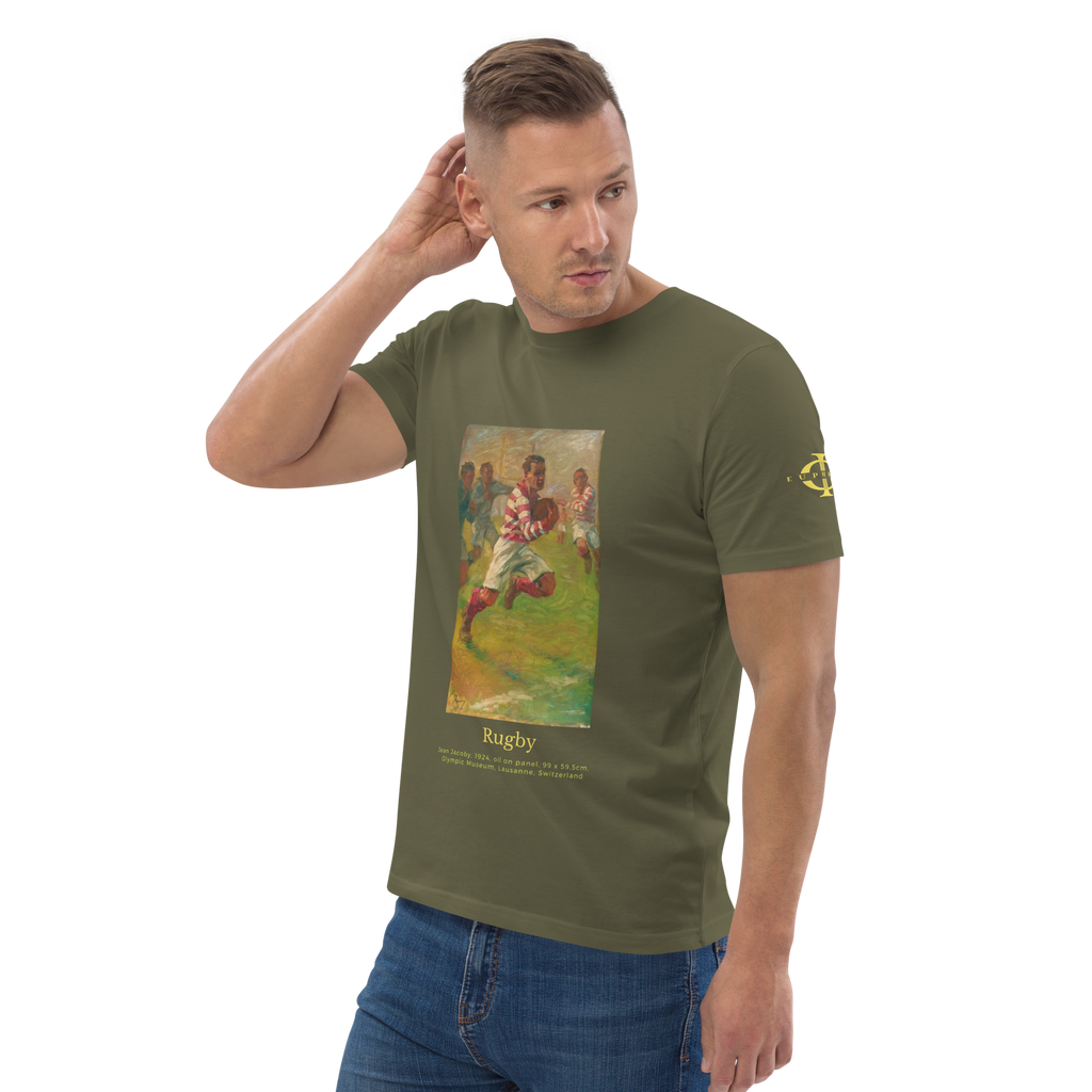 T-shirt Euphron « Rugby, Jean Jacoby », coloris kaki : un joueur de rugby peint par Jean Jacoby – vue de trois quarts