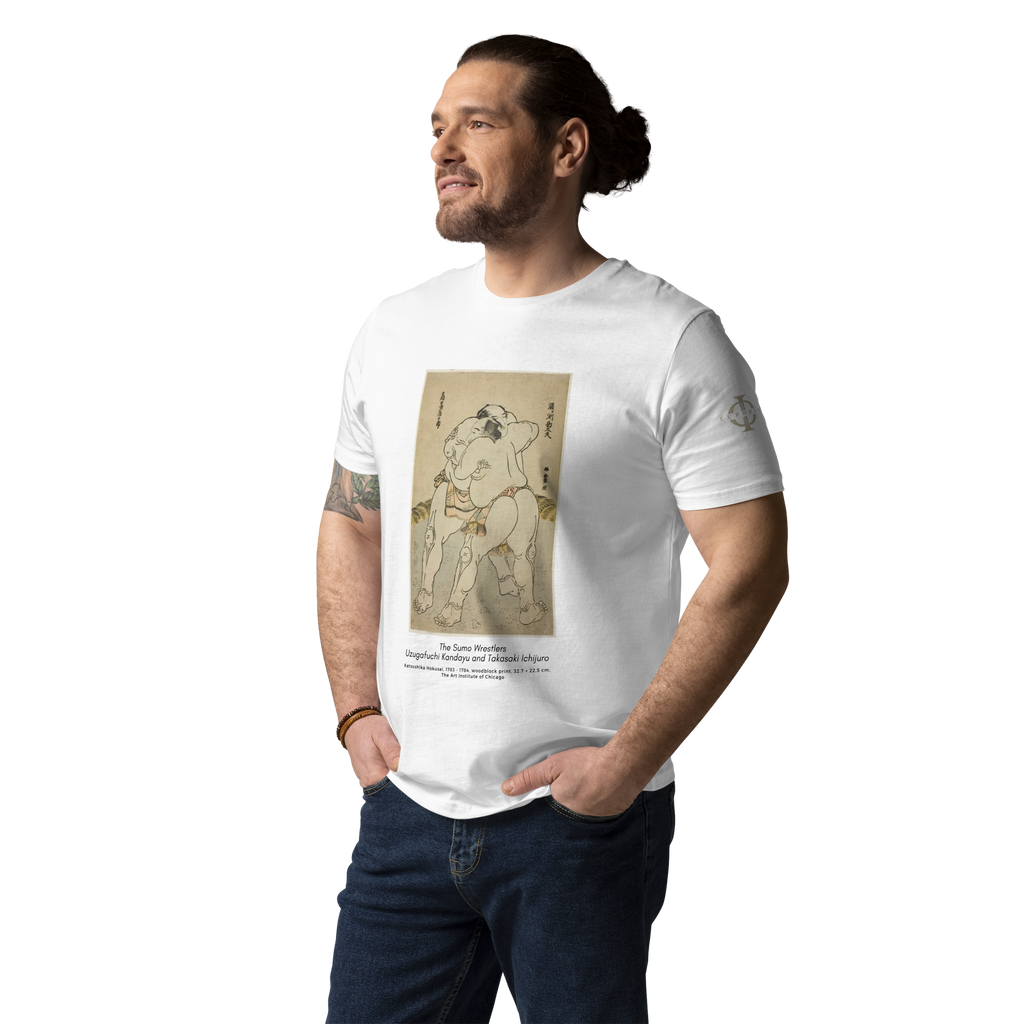 T-shirt Euphron « The sumo wrestlers Uzugafuchi Kandayu and Takasaki Ichijuro, Hokusai », coloris blanc : estampe de lutteurs de sumo par Hokusai