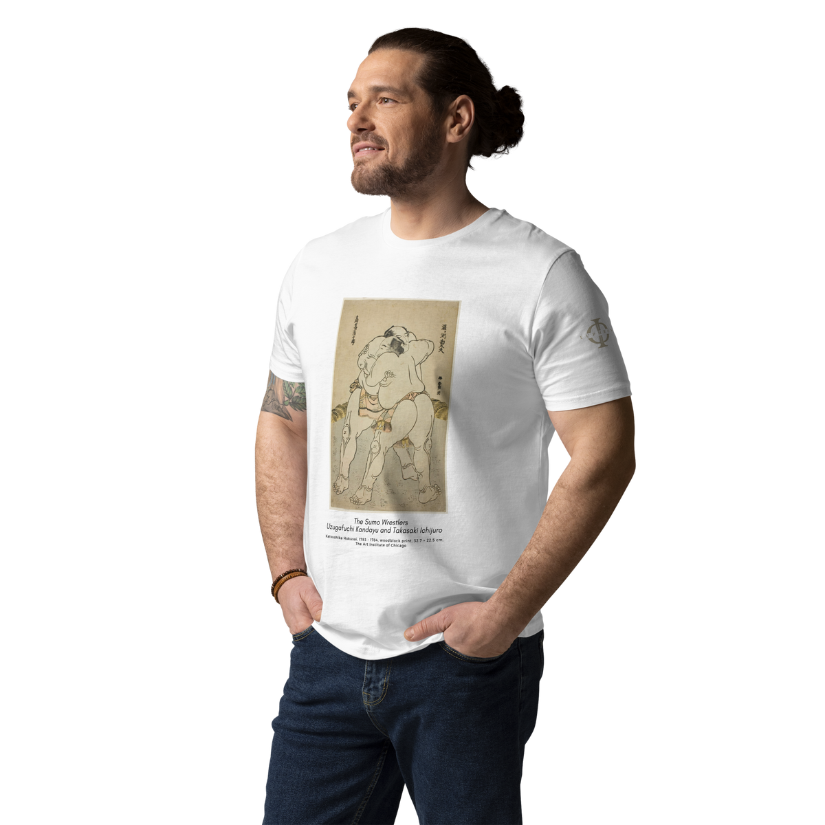 T-shirt Euphron « The sumo wrestlers Uzugafuchi Kandayu and Takasaki Ichijuro, Hokusai », coloris blanc : estampe de lutteurs de sumo par Hokusai