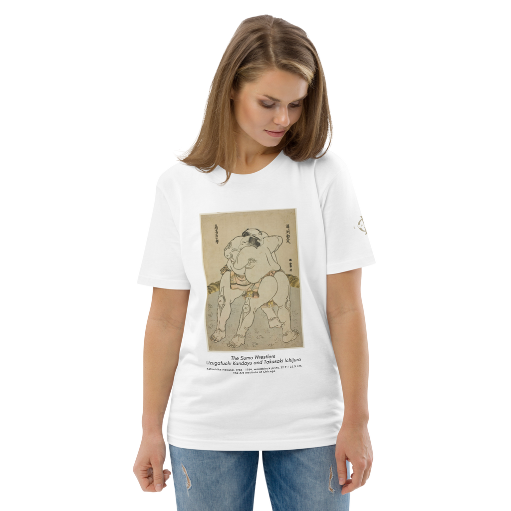 T-shirt Euphron « The sumo wrestlers Uzugafuchi Kandayu and Takasaki Ichijuro, Hokusai », coloris blanc : estampe de lutteurs de sumo par Hokusai