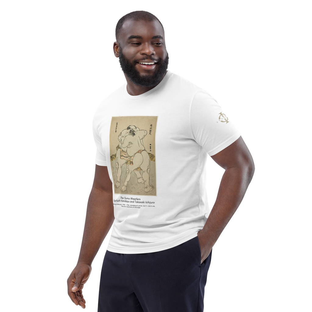 T-shirt Euphron « The sumo wrestlers Uzugafuchi Kandayu and Takasaki Ichijuro, Hokusai », coloris blanc : estampe de lutteurs de sumo par Hokusai