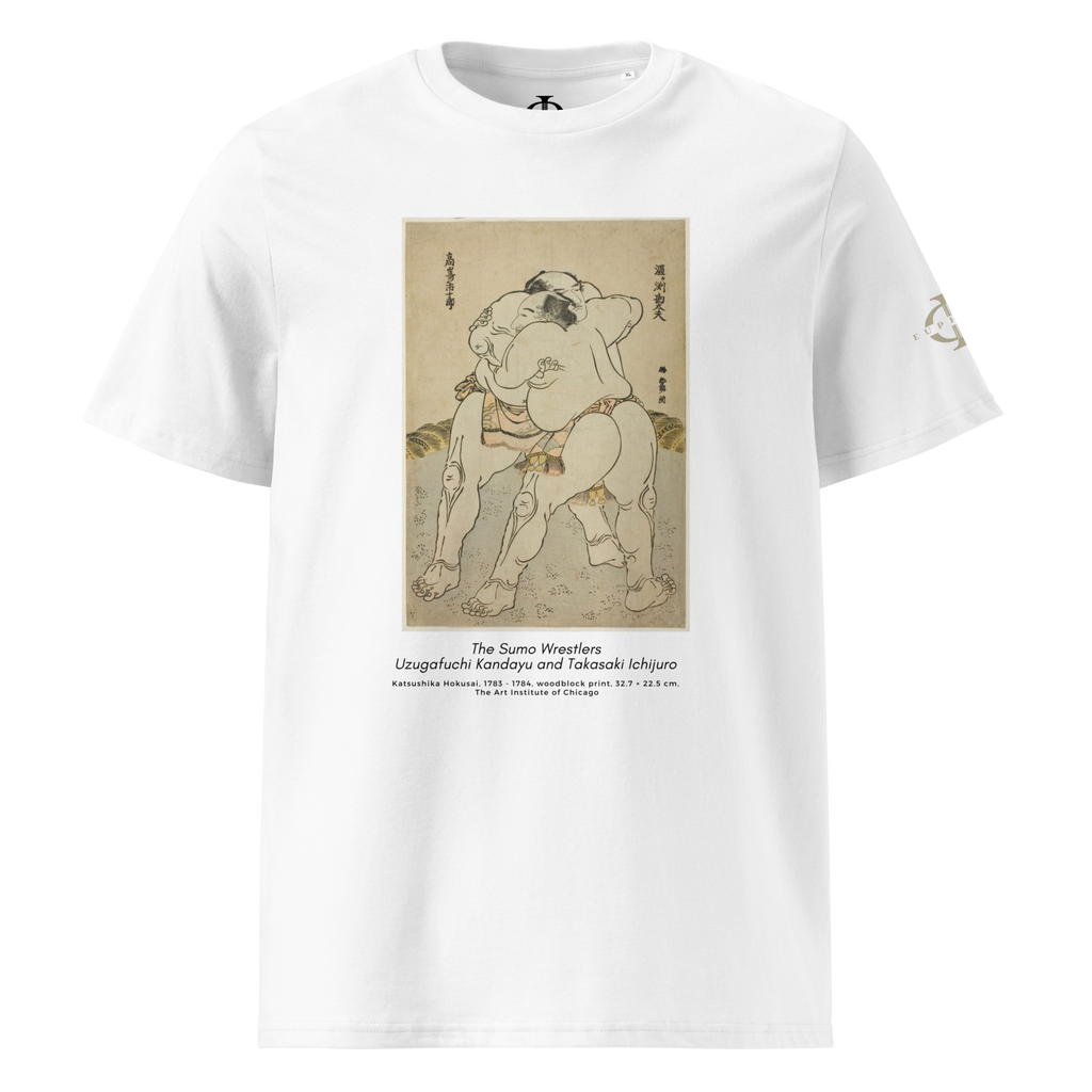 T-shirt Euphron « The sumo wrestlers Uzugafuchi Kandayu and Takasaki Ichijuro, Hokusai », coloris blanc : estampe de lutteurs de sumo par Hokusai