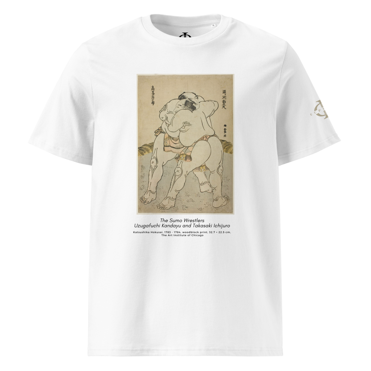 T-shirt Euphron « The sumo wrestlers Uzugafuchi Kandayu and Takasaki Ichijuro, Hokusai », coloris blanc : estampe de lutteurs de sumo par Hokusai