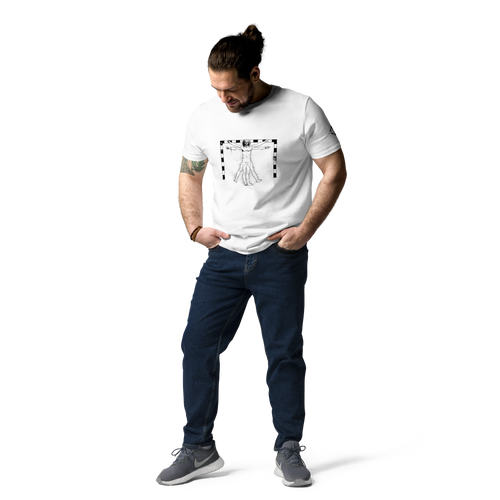 T-shirt Euphron « The Vitruvian Handball Goalkeeper », coloris blanc : L'Homme de Vitruve de Léonard de Vinci en gardien de handball – vue de face