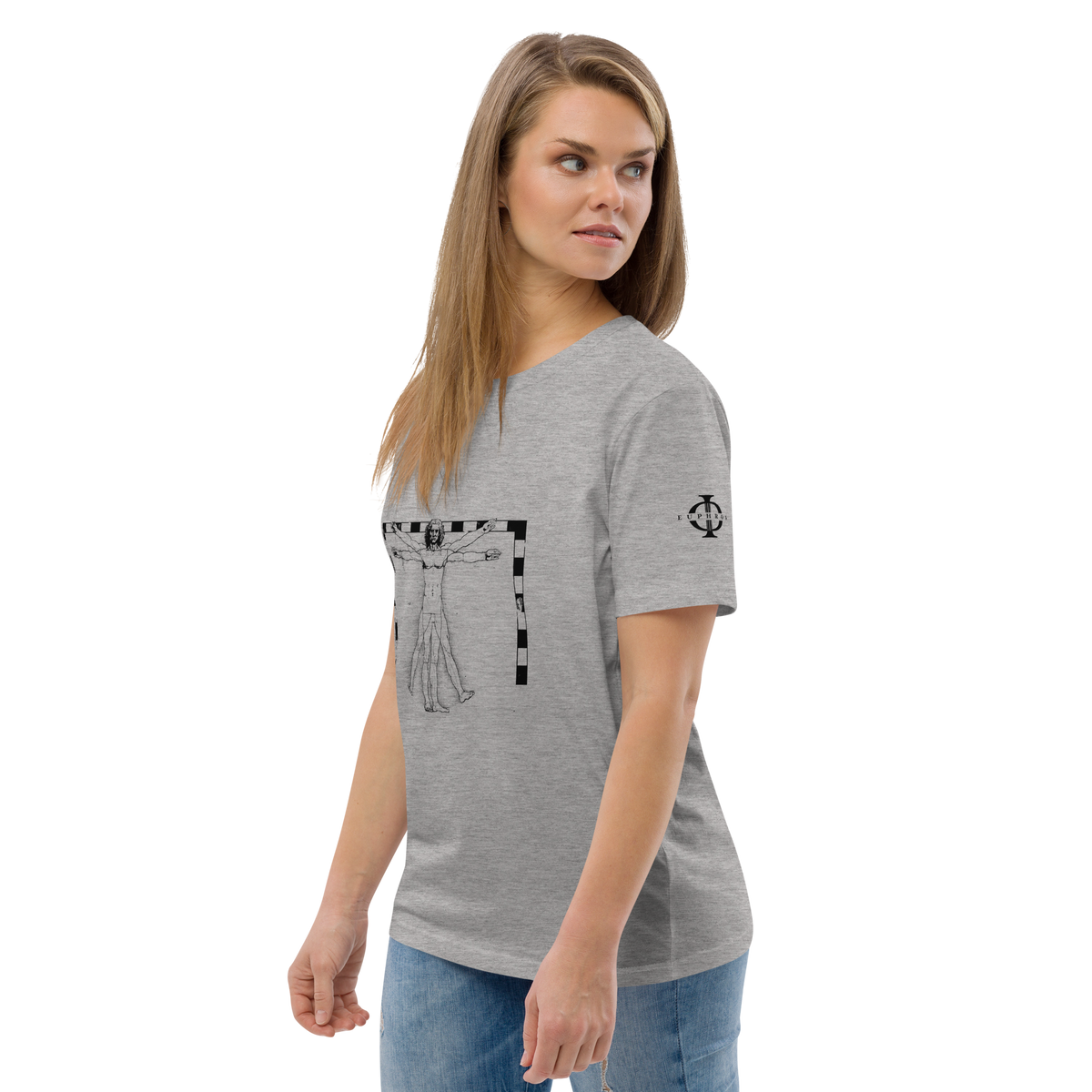 T-shirt Euphron « The Vitruvian Handball Goalkeeper », coloris gris : L'Homme de Vitruve de Léonard de Vinci en gardien de handball – vue de trois quarts