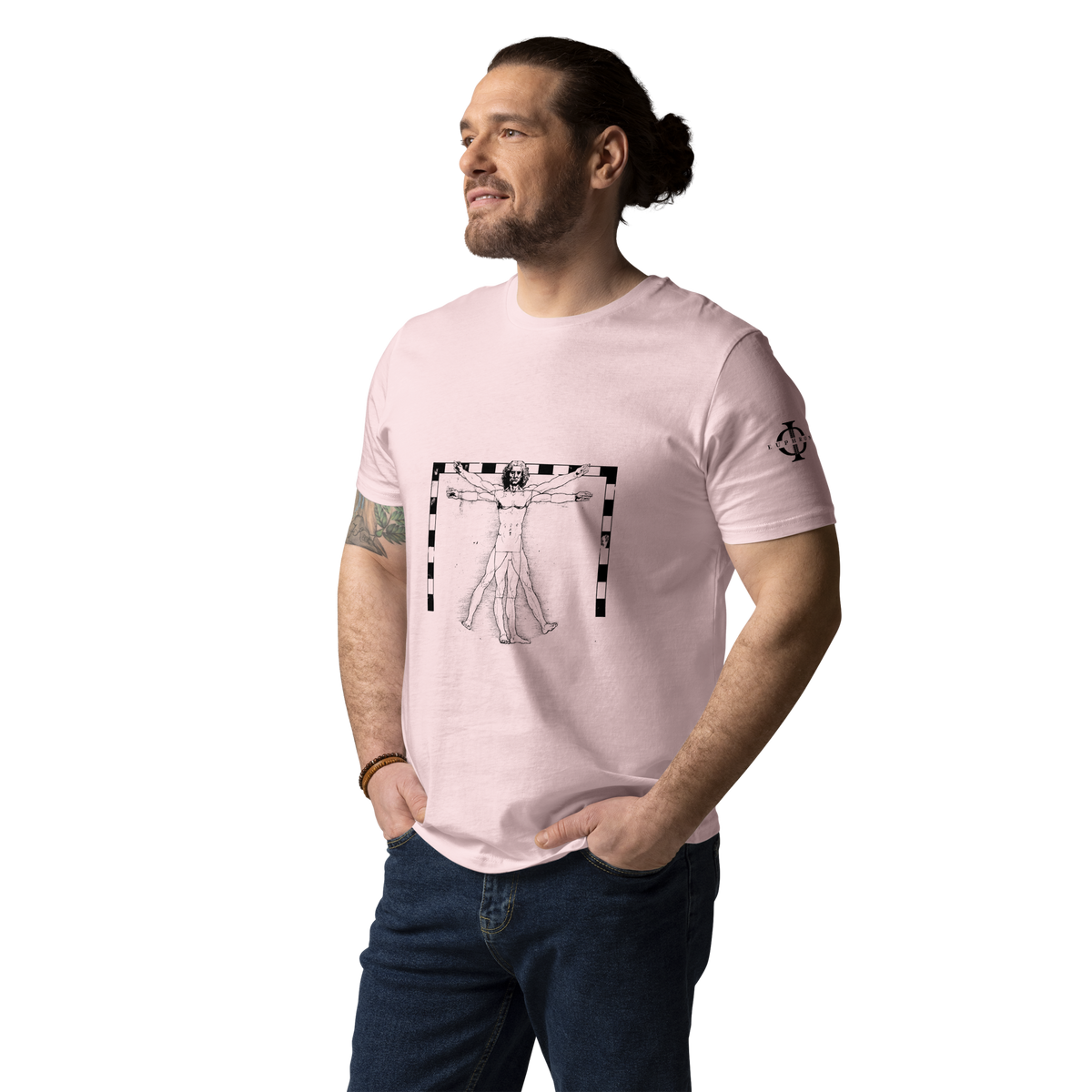 T-shirt Euphron « The Vitruvian Handball Goalkeeper », coloris rose : L'Homme de Vitruve de Léonard de Vinci en gardien de handball – vue de face