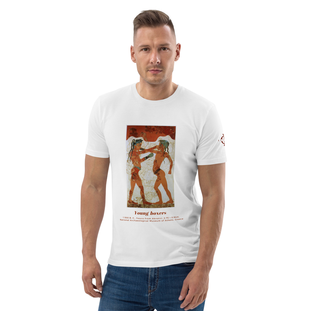 T-shirt Euphron « Young Boxers of Akrotiri », coloris blanc : la fresque antique des Jeunes Boxeurs d'Akrotiri