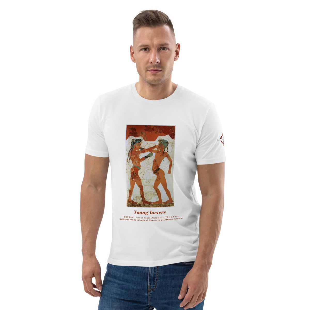T-shirt Euphron « Young Boxers of Akrotiri », coloris blanc : la fresque antique des Jeunes Boxeurs d'Akrotiri