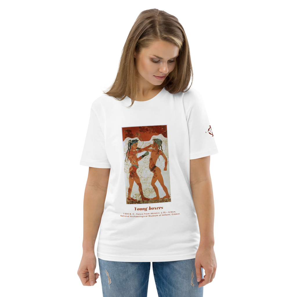 T-shirt Euphron « Young Boxers of Akrotiri », coloris blanc : la fresque antique des Jeunes Boxeurs d'Akrotiri