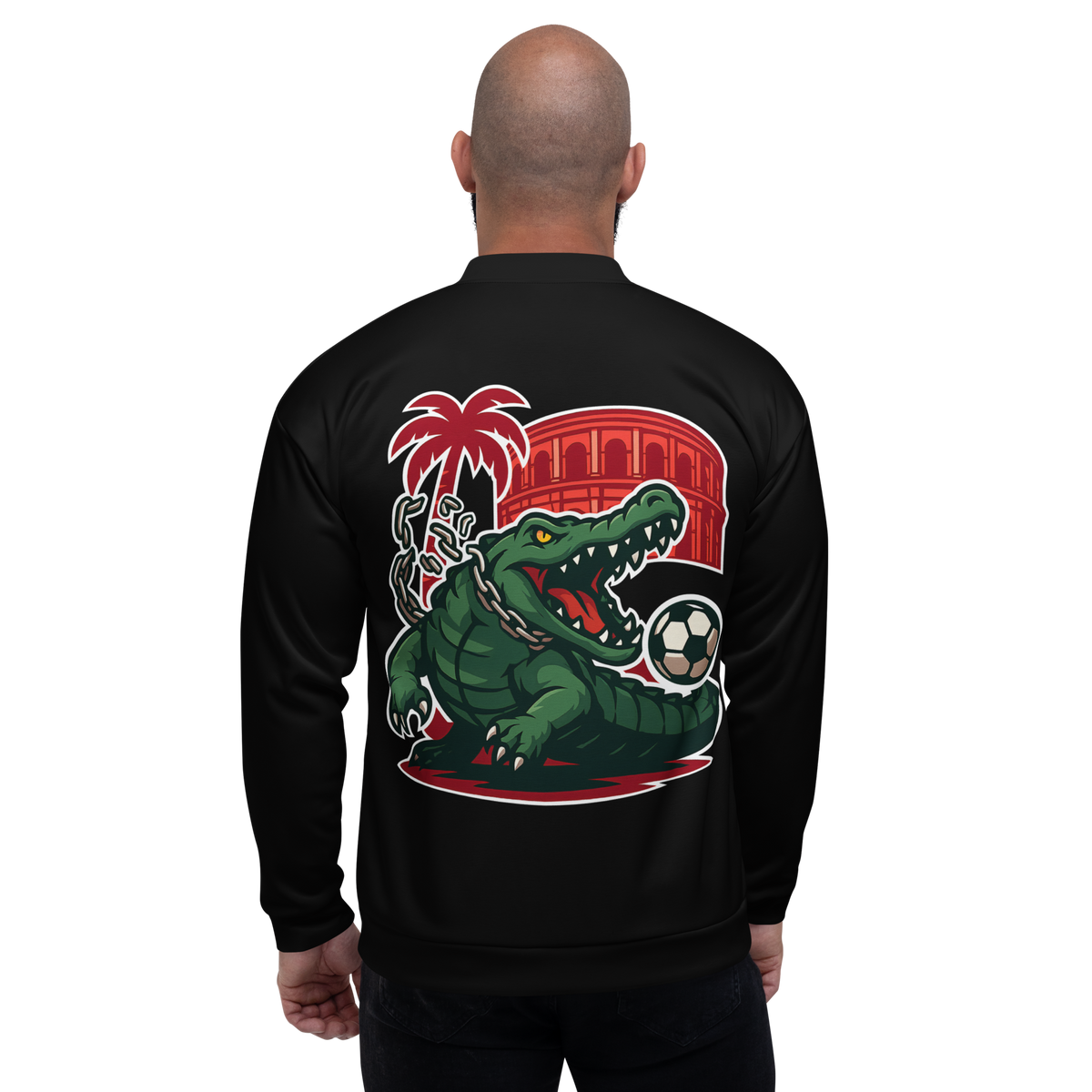 Veste bomber Euphron « Crocodile Nîmois », coloris noir : le crocodile de Nîmes revisité par Euphron – vue de dos