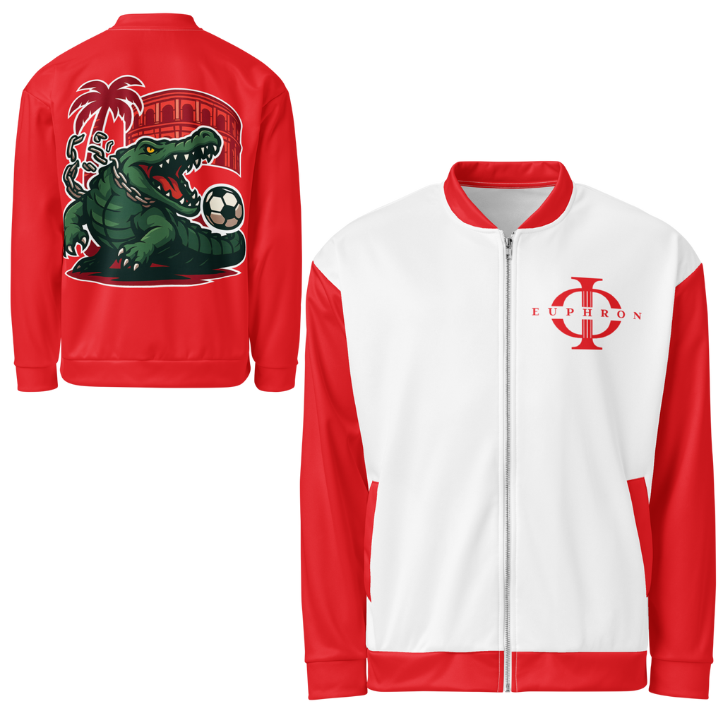 Veste bomber Euphron « Crocodile Nîmois », coloris rouge : le crocodile de Nîmes revisité par Euphron